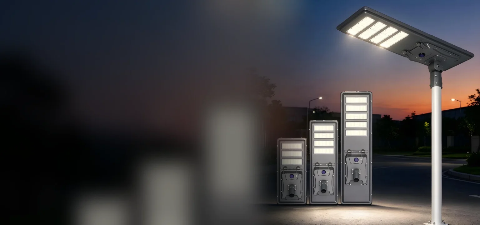 LiHua all-in-one solar LED street lights in three sizes and a pole-mounted solar street light at dusk