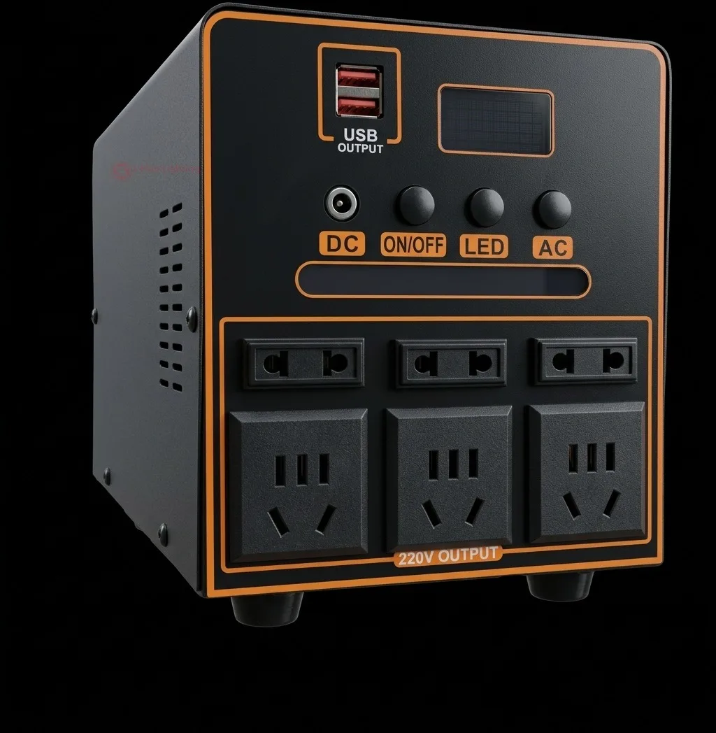 Compact black/orange portable power station, front – LiHua Lighting