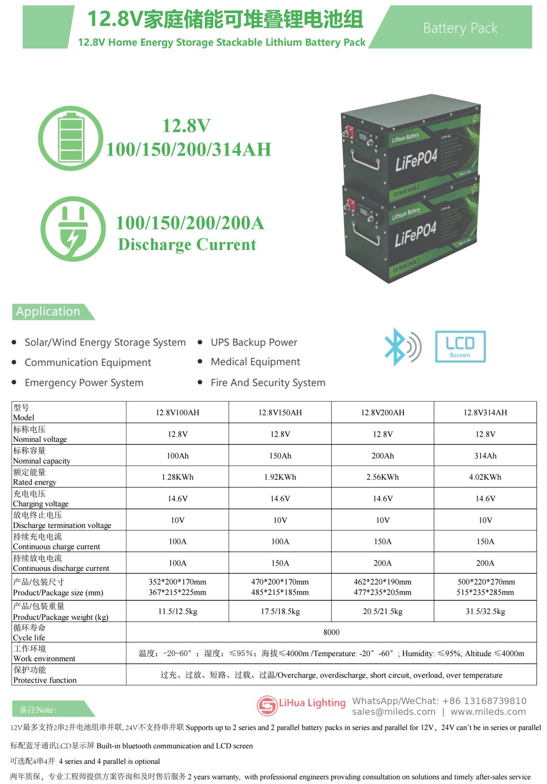 Серия LH-12.8V аккумулятор LiFePO4 12V 314Ah с Bluetooth и ЖК-дисплеем, устанавливается в стойку – LiHua Lighting