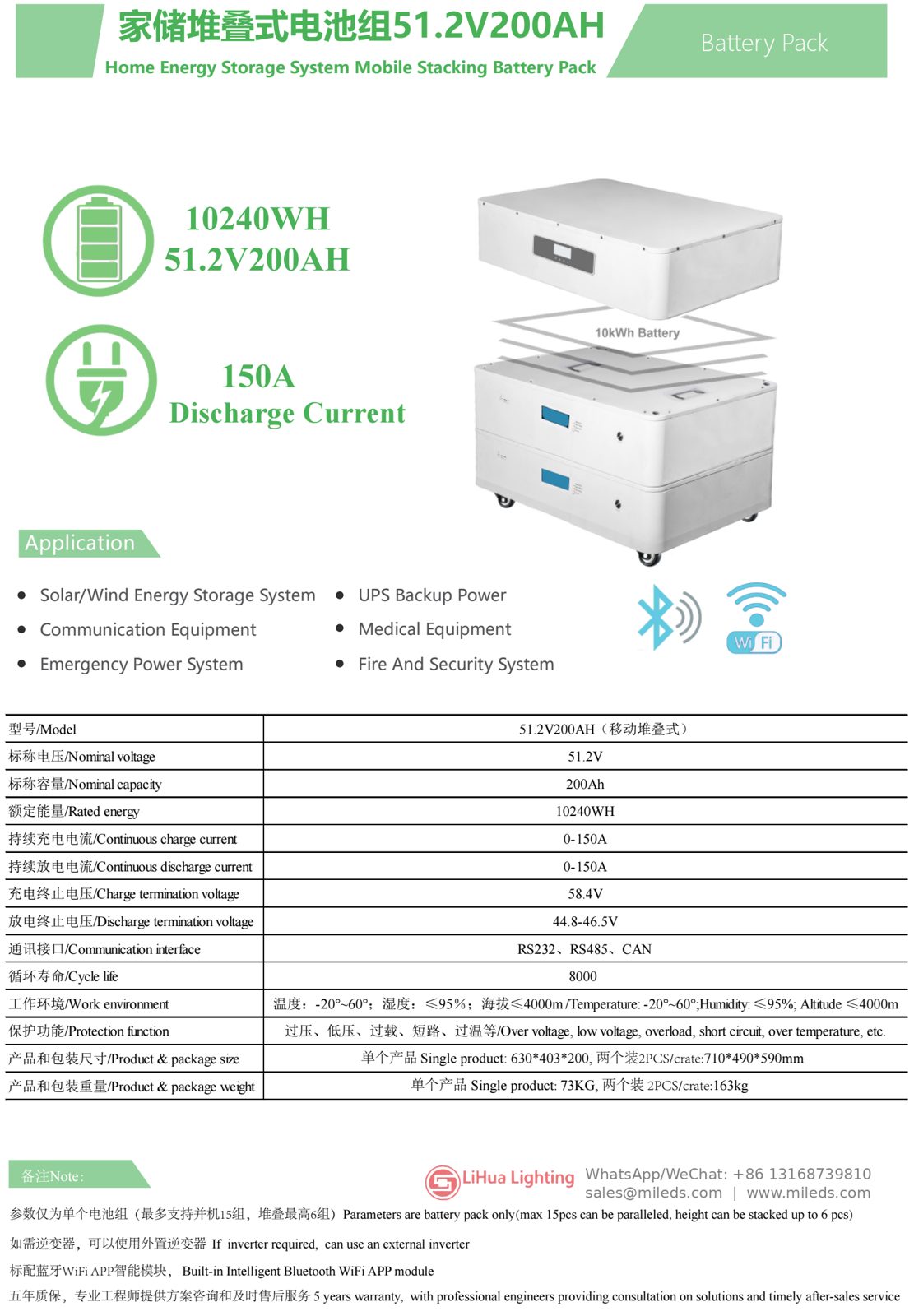 LH-51.2V200AH-S 51.2V 200Ah Stackable Home Battery (10.24kWh) – LiHua Lighting