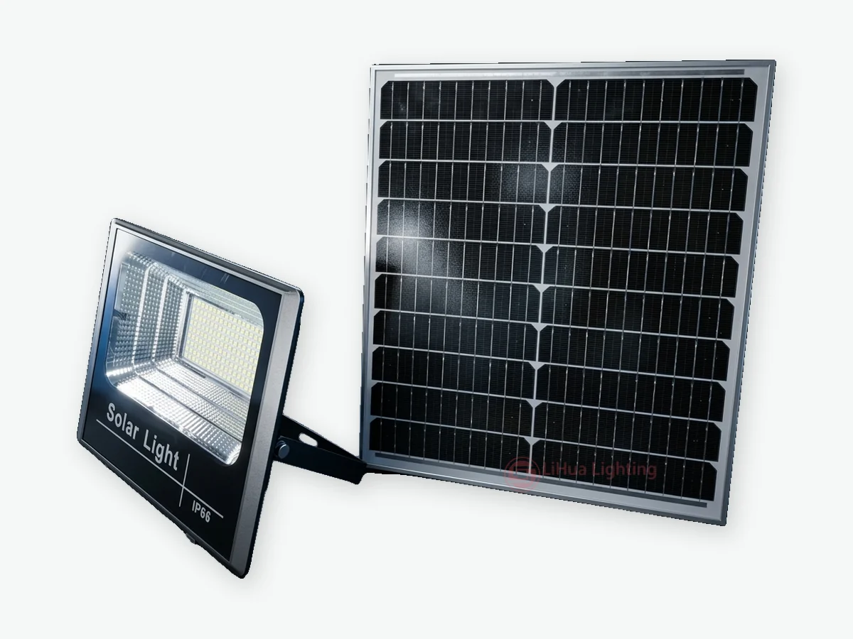 LH-HJG solar flood light and solar panel, side view – LiHua Lighting
