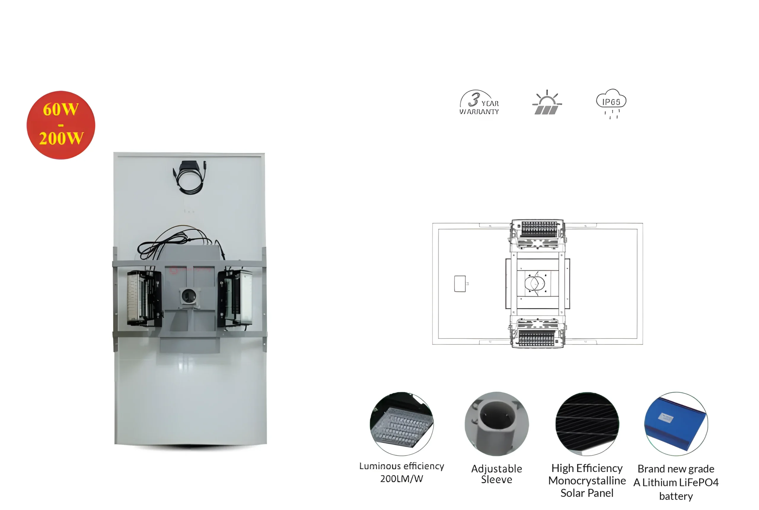 LH-SLR all-in-one dual head solar street light rear view and top layout – LiHua Lighting